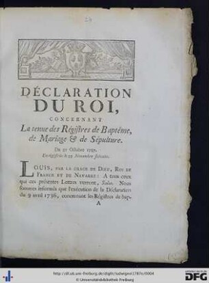 Déclaration Du Roi, Concernant La tenue des Régistres de Baptême, de Mariage & de Sépulture.