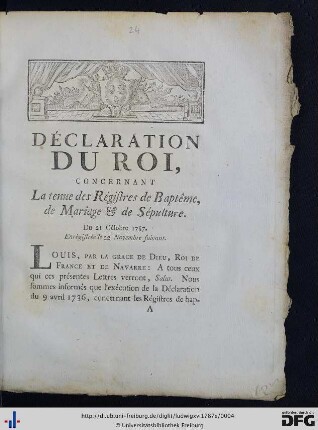 Déclaration Du Roi, Concernant La tenue des Régistres de Baptême, de Mariage & de Sépulture.