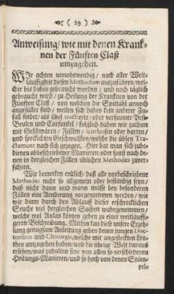 Anweisung / wie mit denen Kranknen der Fünften Claß umzugehen.