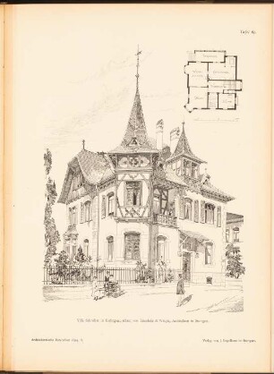 Villa Schreiber, Esslingen: Perspektivische Ansicht, Grundriss (aus: Architekt. Rundschau, hrsg.v. Eisenlohr & Weigle, 1894)