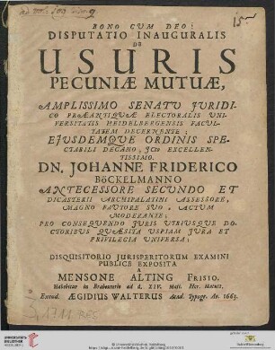 Disputatio Inauguralis De Usuris Pecuniae Mutuae