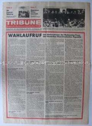 Tageszeitung des FDGB "Tribüne" mit dem Wahlaufruf der Nationalen Front zu den Kommunalwahlen 1979