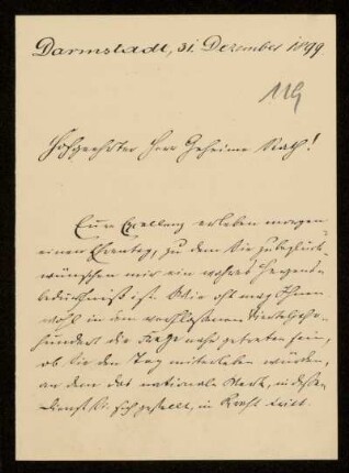 119: Brief von Gustav Dittmar an Gottlieb Planck, Darmstadt, 31.12.1899