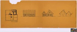 Hüttengut[h (Landkreis Habelschwerdt)]: Kolonistenhaus. Haupthaus (Grundriss, Seiten-Ansicht, Giebel-Ansicht, Querschnitt)