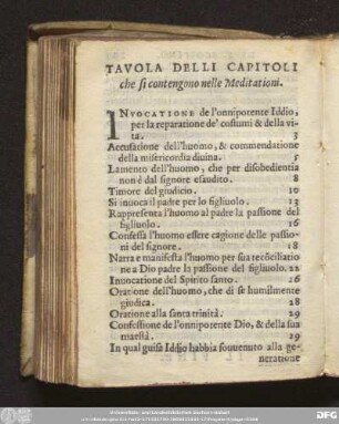 Tavola Delli Capitoli che si contengono nelle Meditationi.