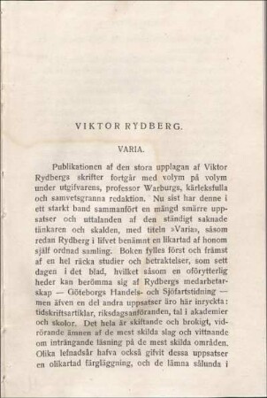 Viktor Rydberg. Varia.