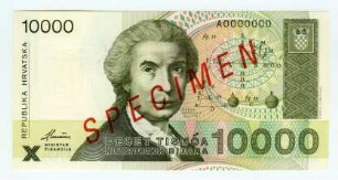Kroatische Nationalbank: 10.000 Dinar 1992 Probe