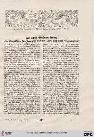 Zur ersten Sonderausstellung des Bayerischen Kunstgewerbe-Vereins, "alte und neue Eisenarbeiten"
