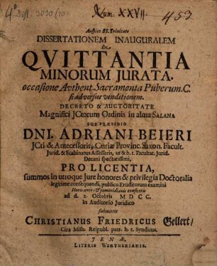 Diss. de quittantia minorum iurata : occasione authent. sacramenta puberum c. si adversus venditionem