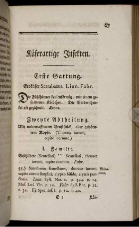 Käferartige Insekten. Erste Gattung. Erdkäfer Scarabaeus. Linn. Fabr.