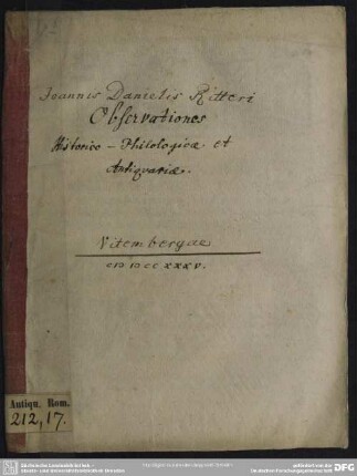 Joannis Danielis Ritteri Observationes Historico-Philologicae et Antiquariae