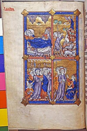 Ganzseitige Miniatur: Geburt Christi, Verkündigung an die Hirten, Gefangennahme Christi, Christus vor dem Hohepriester Kaiphas