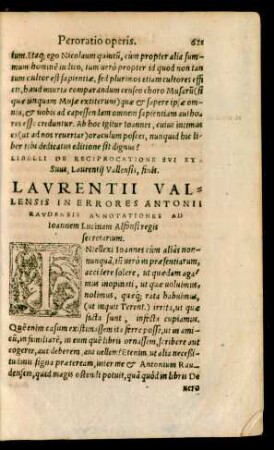 Laurentii Vallensis In Errores Antonii Raudensis Annotationes Ad Ioannem Lucinam Alfonsi regis secretarium.