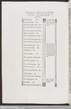 Catalogus Operum Q. Septimii Florentis Tertulliani, Quae In Hoc Volumine Continentur