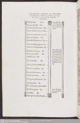 Catalogus Operum Q. Septimii Florentis Tertulliani, Quae In Hoc Volumine Continentur