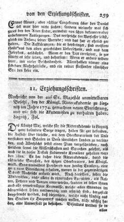 Nachricht von der auf Sr. Majestät unmittelbaren Befehl, bey der Königl. Ritterakademie zu Liegnitz, im Jahre 1774 gemachten neuen Einrichtung.