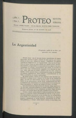 La Argentinidad : (Fragmento inédito de un libro que aparecerá esta semana).