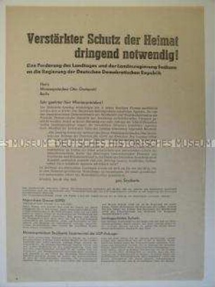 Flugschrift mit der Forderung des Landesregierung Sachsen an die DDR-Regierung nach energischen Maßnahmen gegen die Tätigkeit westlicher Agenten und Saboteure