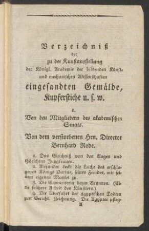 Verzeichniß der zu der Kunstausstellung der Königl. Academie der bildenden Künste und mechanischen Wissenschaften eingesandten Gemälde, Kupferstiche u.s.w.