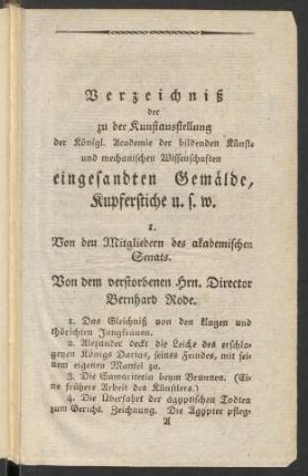 Verzeichniß der zu der Kunstausstellung der Königl. Academie der bildenden Künste und mechanischen Wissenschaften eingesandten Gemälde, Kupferstiche u.s.w.