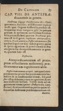 Cap. VIII. De Antepraedicamentis in genere.