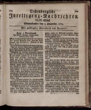Sonnabends: den 9. Decembr. 1775.