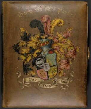 Germania sei's Panier. Ehre - Freiheit - Vaterland. Erinnerungsalbum für den Baumeister C.W. Strauss von seinen Kameraden der Hannoverschen Burschenschaft Alt-Germania : Germania sei's Panier. Ehre - Freiheit - Vaterland. Erinnerungsalbum für den Baumeister C.W. Strauss von seinen Kameraden der Hannoverschen Burschenschaft Alt-Germania. Ledereinband, farbig bedruckt mit Goldprägung, Goldschnitt und Metallschließe; 33 x 26 x 6 cm (1896). Dresden: SLUB/DF 2017.D.59