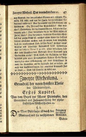 Zweyte Abtheilung. Grundriß der vornehmsten Theile der Weltweisheit.