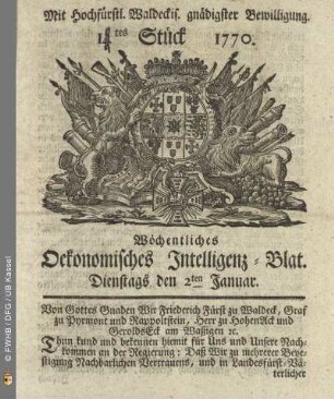 1tes Stueck, Dienstags den 2ten Januar 1770