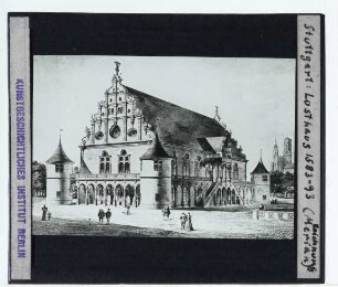 Stuttgart, Neues Lusthaus Stuttgart,Merian, Ansicht des Stuttgarter Lusthauses (Zeichnung) : Ansicht