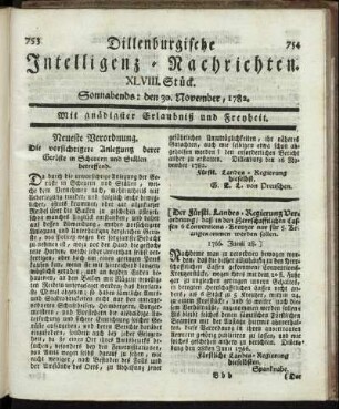 XLVIII. Stück. Sonnabends : den 30. November, 1782.