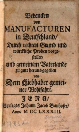 Bedencken von Manufacturen in Deutschland