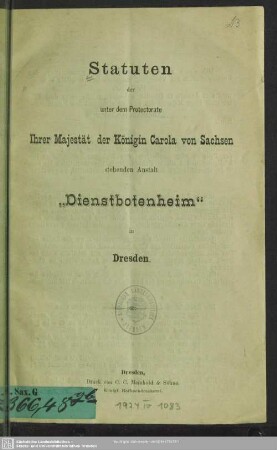 Statuten der Anstalt Dienstbotenheim in Dresden