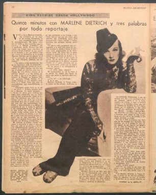 Quince minutos con Marlene Dietrich y tres palabras por todo reportaje : King escribe desde Hollywood