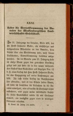 XXXI. Ueber die Vervollkommung der Annalen der Mecklenburischen Landwirthschafts-Gesellschaft