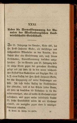 XXXI. Ueber die Vervollkommung der Annalen der Mecklenburischen Landwirthschafts-Gesellschaft