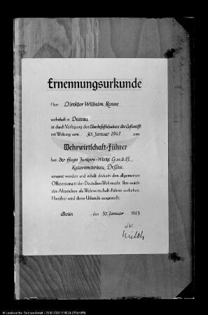 Abbildung der Urkunde zur Ernennung von Werksdirektor Renne zum Wehrwirtschaftsführer