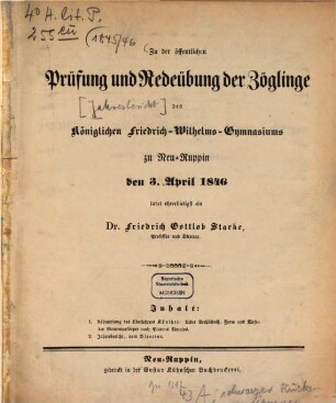 Zu der öffentlichen Prüfung und Redeübung der Zöglinge des Friedrich-Wilhelms-Gymnasiums ... ladet ehrerbietigst ein, 1845/46