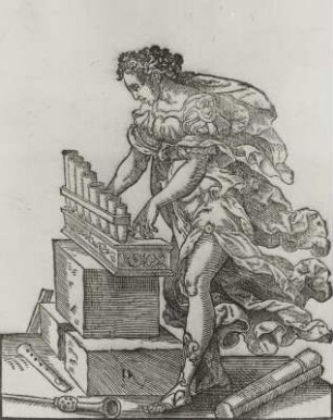 Musica, Orgel spielend : Sadeler, Johann I., nach Winghe, Jodocus van: Festgelage (Wein und Frauen machen von der Weisheit abtrünnig). 1588. Holzschnitt. Dresden: Kupferstich-Kabinett