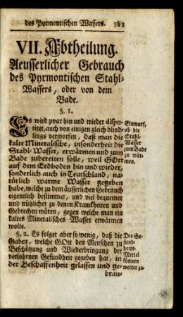 VII. Abtheilung. Aeusserlicher Gebrauch des Pyrmontischen Stahl-Wassers, oder von dem Bade