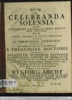 Ad Celebranda Solennia Quibus Auctoritate Caesarea Et Regio Electorali Saxonica