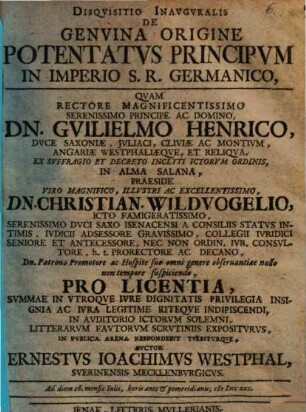 Disqvisitio Inavgvralis De Genvina Origine Potentatvs Principvm In Imperio S. R. Germanico