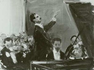 Klavierkonzert mit Sergei Kussewitzky und Alexander Skrjabin als Pianist : Sterl, Robert: Studie Klavierkonzert (Der Dirigent Sergei Kussewitzky und Alexander Skrjabin als Pianist) in Rußland. Ölgemalde. Reproduktion