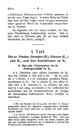 I. Teil - Die or. Punkte, Geraden (R1), Ebenen (En-1) und Rn-2 und ihre Koordinaten im Rn.