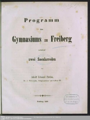 1859/60: Programm des Gymnasiums zu Freiberg : enthaltend zwei Saecularreden