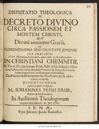 Disputatio Theologica De Decreto Divino Circa Passionem Et Mortem Christi