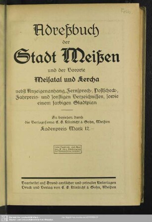 1924: Adressbuch der Stadt Meißen und der Vororte Maisatal und Lercha