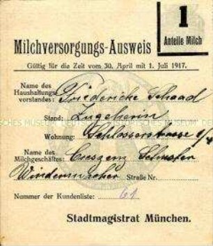 Ausweis der Stadt München zur Milchversorgung