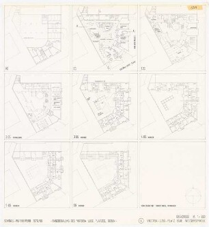 Platzbebauung mit Wohnungen, Gewerbe und sozialen Einrichtungen am Viktoria-Luise-Platz, Berlin-Schöneberg Schinkelwettbewerb 1980: Viktoria-Luise-Platz/ Welserstraße, Grundrisse 1:200