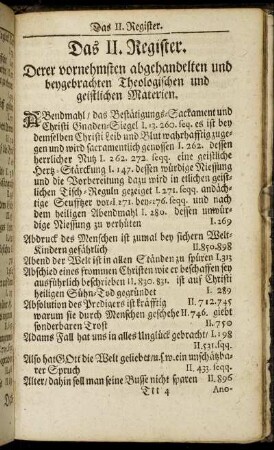 Das II. Register. Derer vornehmsten abgehandelten und beygebrachten Theologischen und geistlichen Materien.